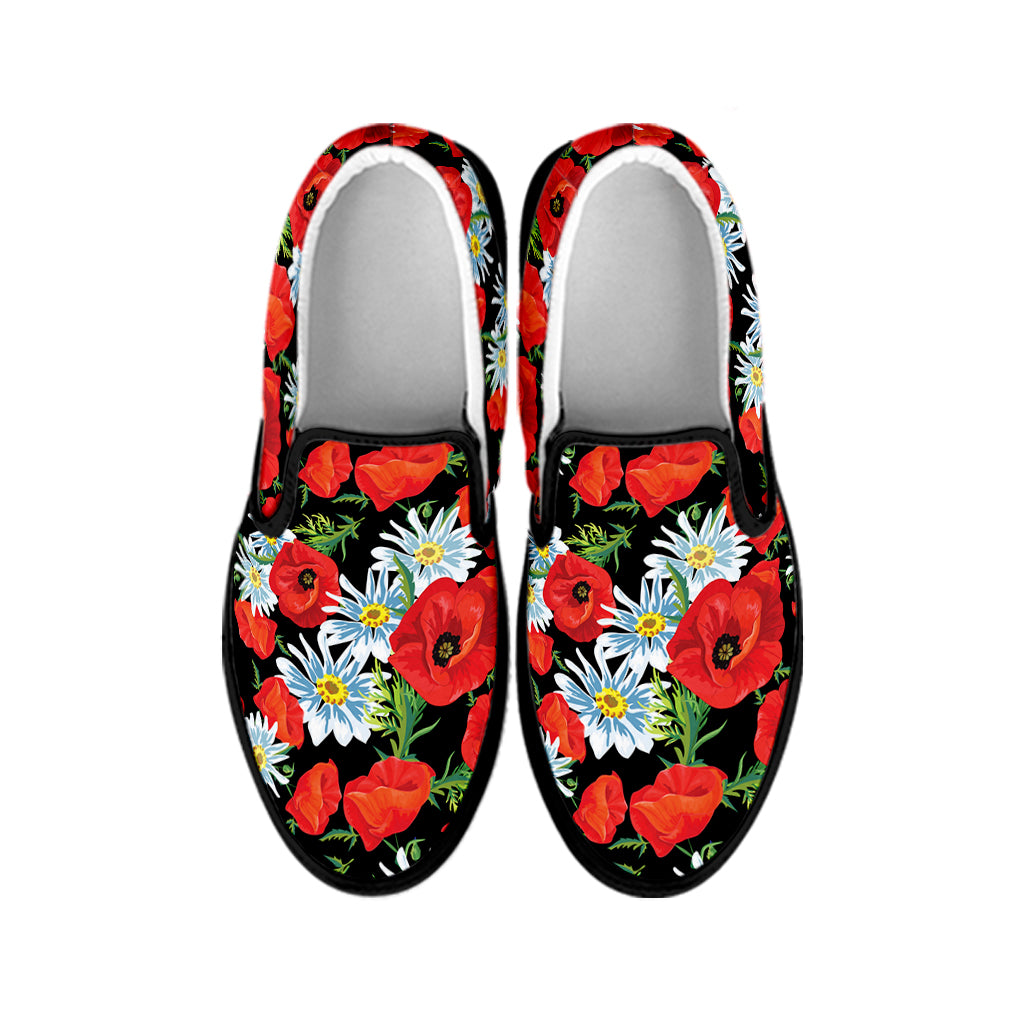 Poppy And Chamomile Pattern Print Black Slip On Shoes