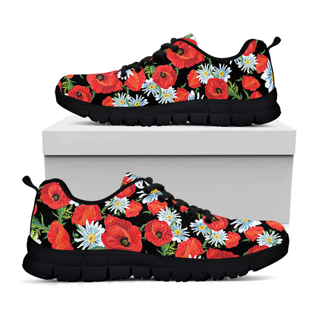 Poppy And Chamomile Pattern Print Black Sneakers