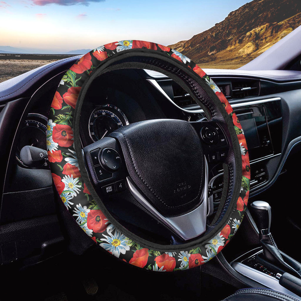 Poppy And Chamomile Pattern Print Car Steering Wheel Cover