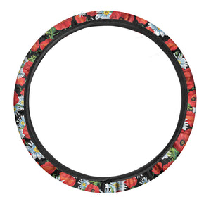 Poppy And Chamomile Pattern Print Car Steering Wheel Cover