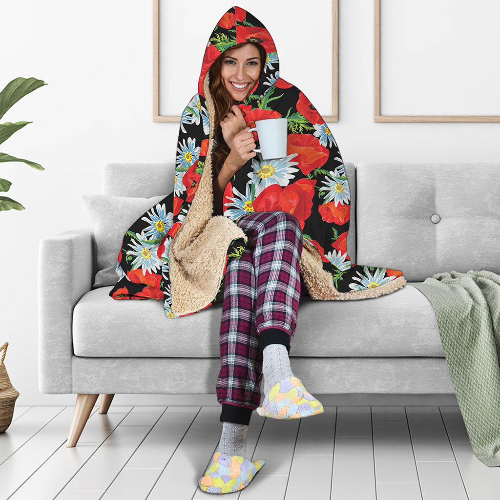 Poppy And Chamomile Pattern Print Hooded Blanket