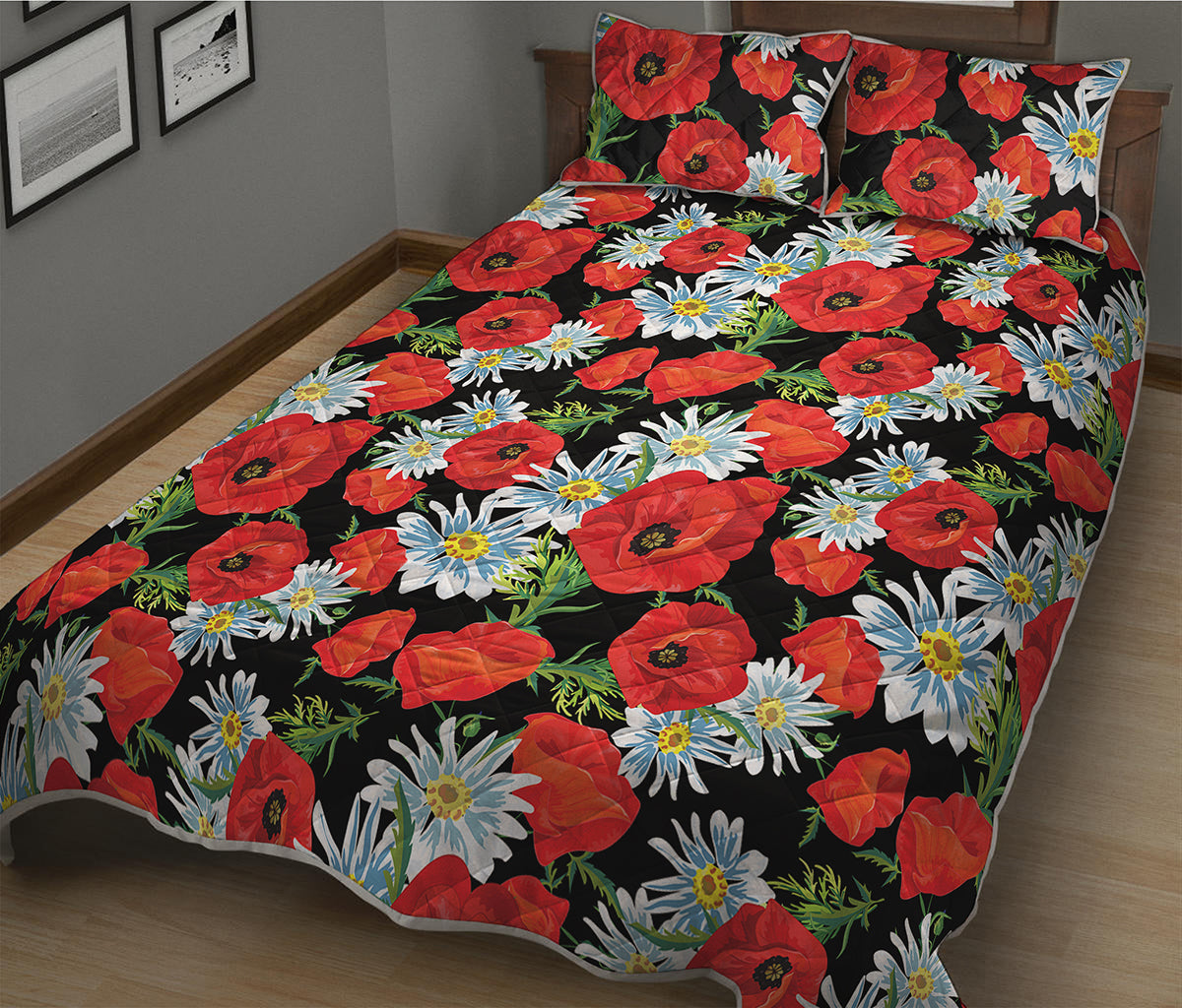 Poppy And Chamomile Pattern Print Quilt Bed Set