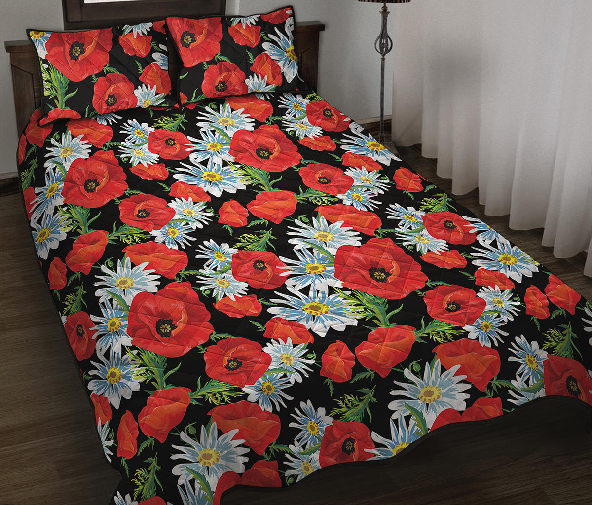 Poppy And Chamomile Pattern Print Quilt Bed Set
