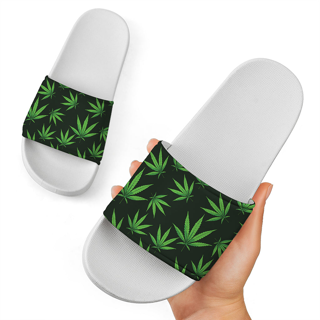 Pot Leaf Pattern Print White Slide Sandals