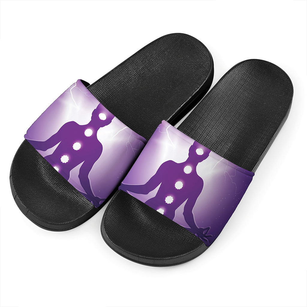 Power Of Seven Chakras Print Black Slide Sandals