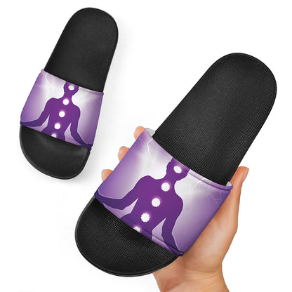 Power Of Seven Chakras Print Black Slide Sandals