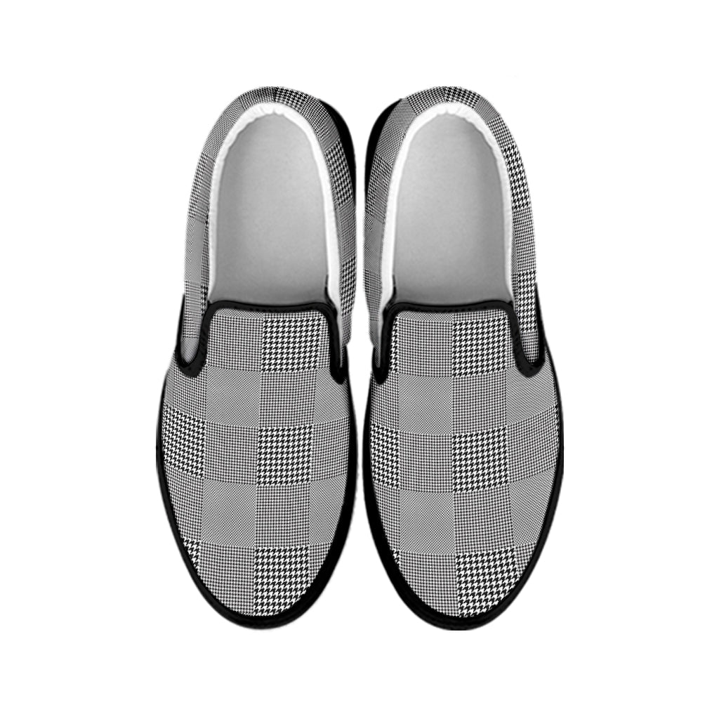 Prince of Wales Check Pattern Print Black Slip On Shoes