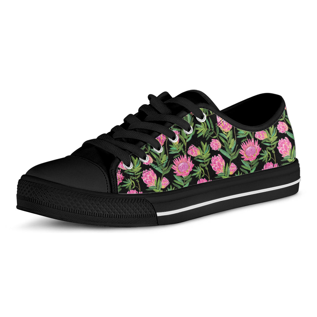 Protea Floral Pattern Print Black Low Top Shoes