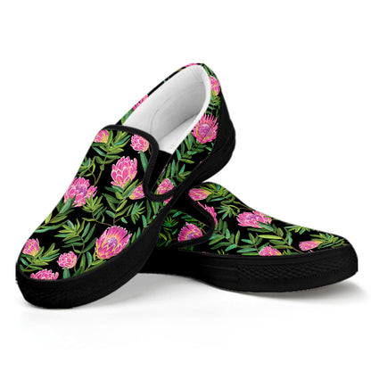 Protea Floral Pattern Print Black Slip On Shoes