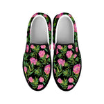 Protea Floral Pattern Print Black Slip On Shoes