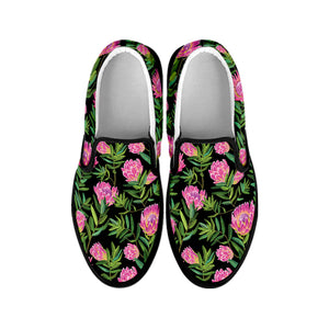 Protea Floral Pattern Print Black Slip On Shoes