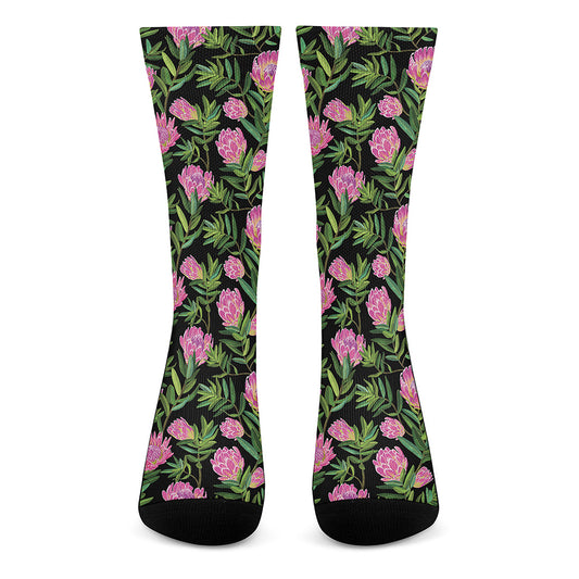 Protea Floral Pattern Print Crew Socks