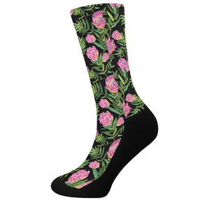 Protea Floral Pattern Print Crew Socks