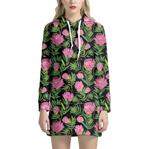 Protea Floral Pattern Print Hoodie Dress