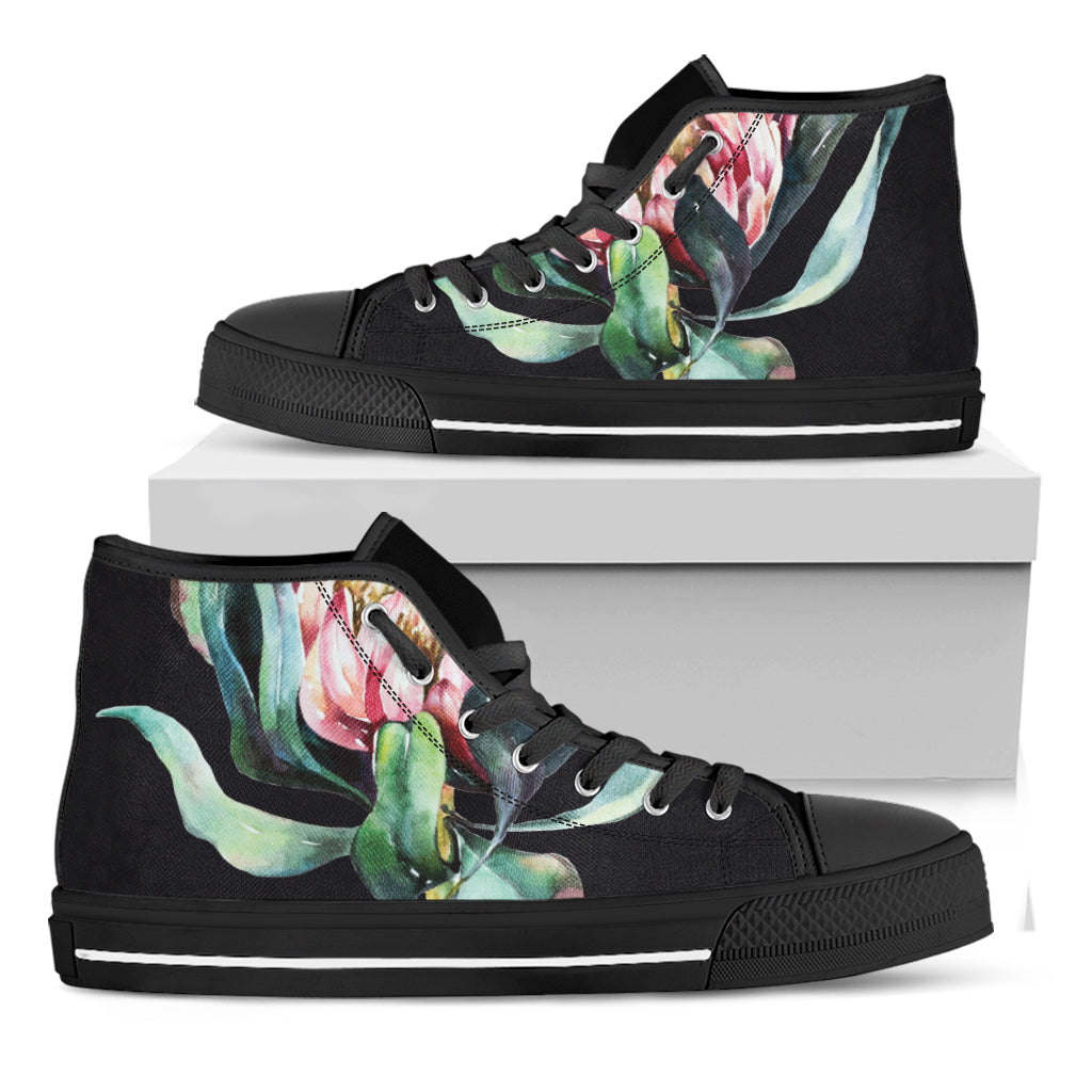 Protea Flower Print Black High Top Shoes