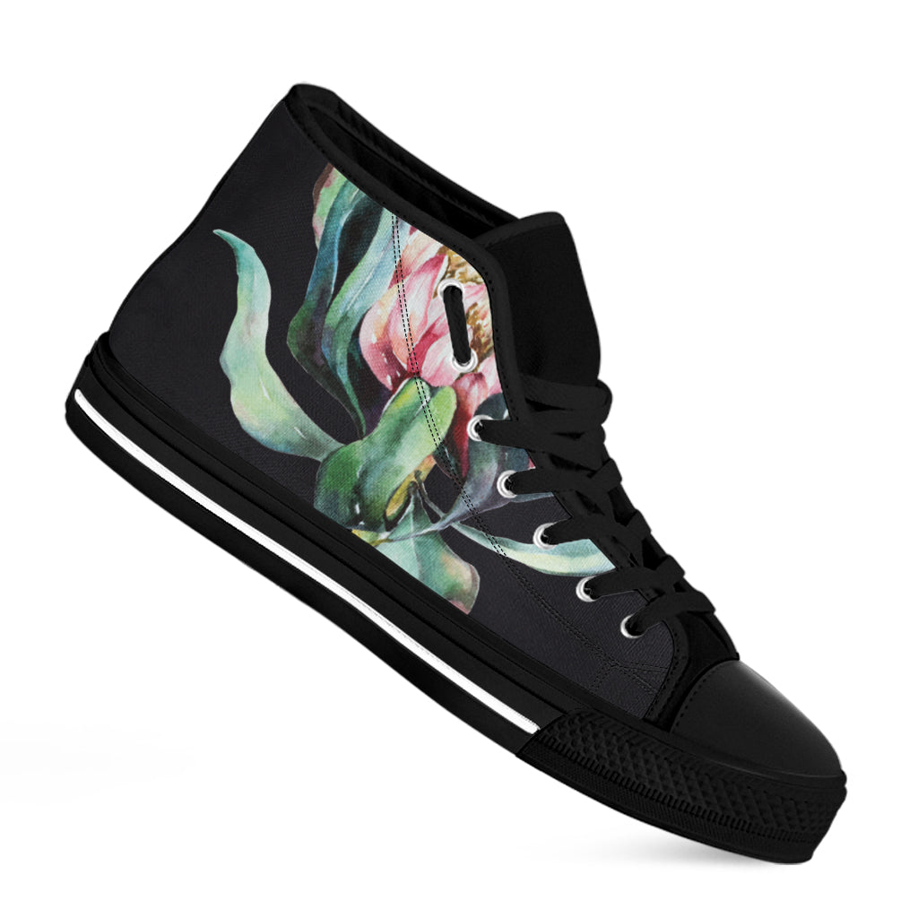 Protea Flower Print Black High Top Shoes