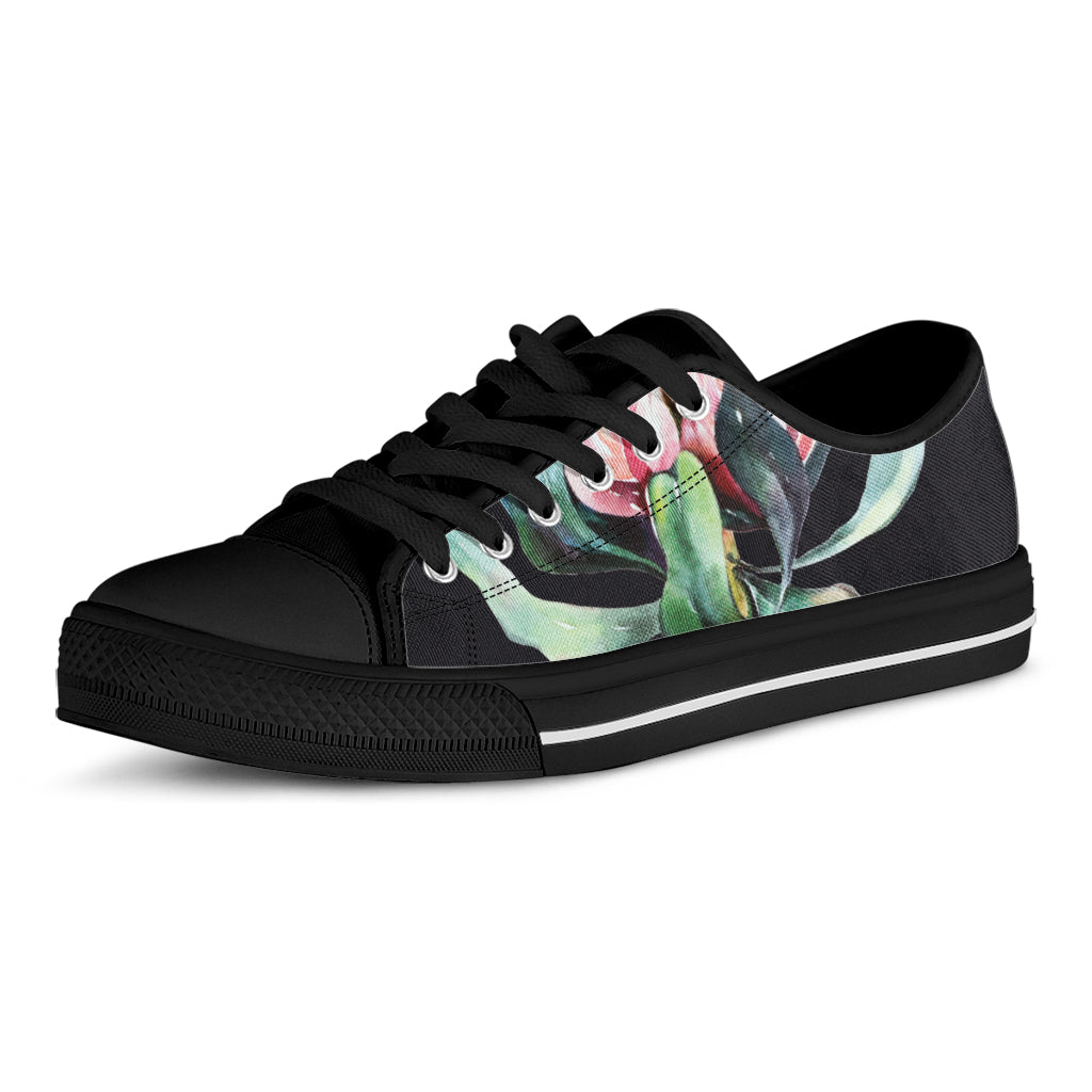 Protea Flower Print Black Low Top Shoes 