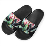 Protea Flower Print Black Slide Sandals