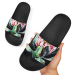 Protea Flower Print Black Slide Sandals