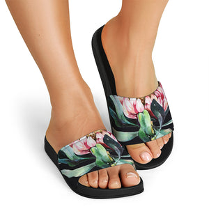 Protea Flower Print Black Slide Sandals