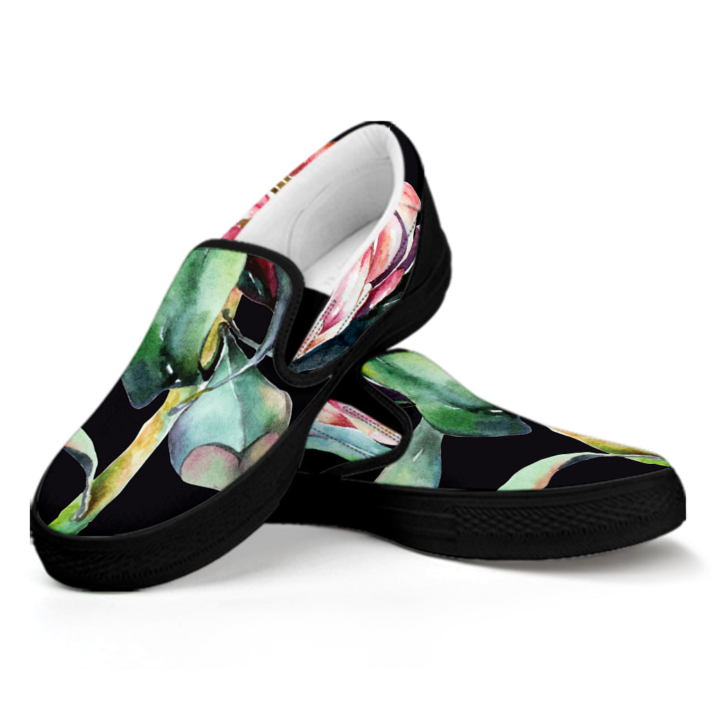 Protea Flower Print Black Slip On Shoes