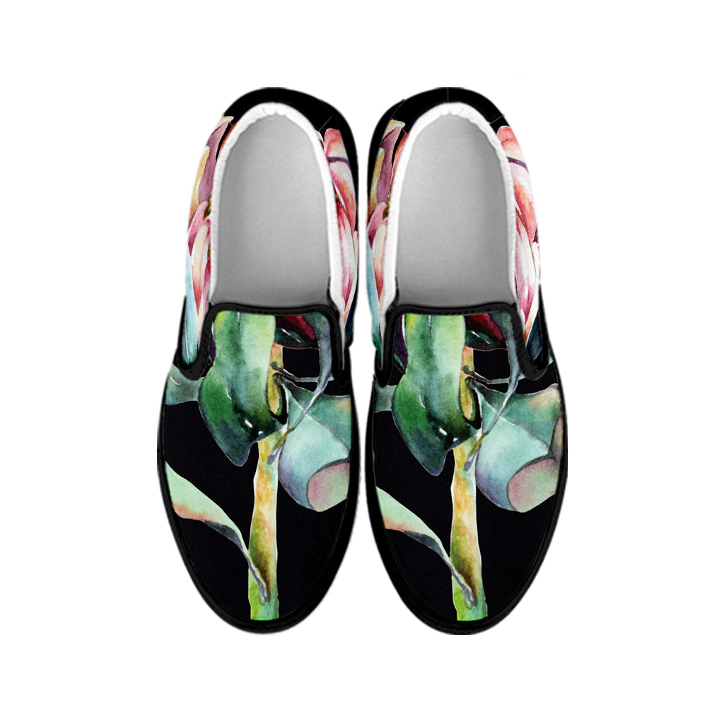 Protea Flower Print Black Slip On Shoes