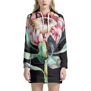 Protea Flower Print Pullover Hoodie Dress