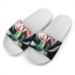 Protea Flower Print White Slide Sandals