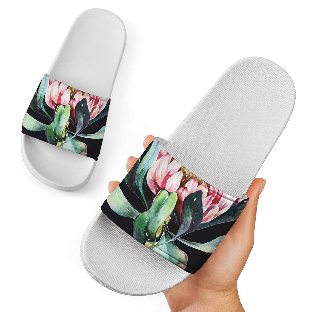 Protea Flower Print White Slide Sandals