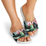 Protea Flower Print White Slide Sandals