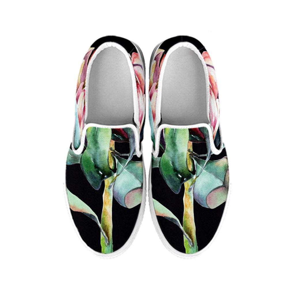 Protea Flower Print White Slip On Shoes