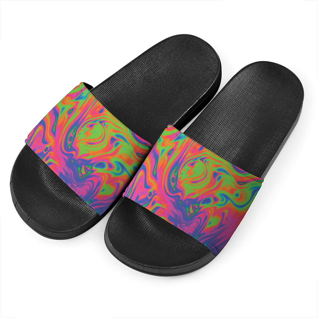 Psychedelic Bubble Print Black Slide Sandals