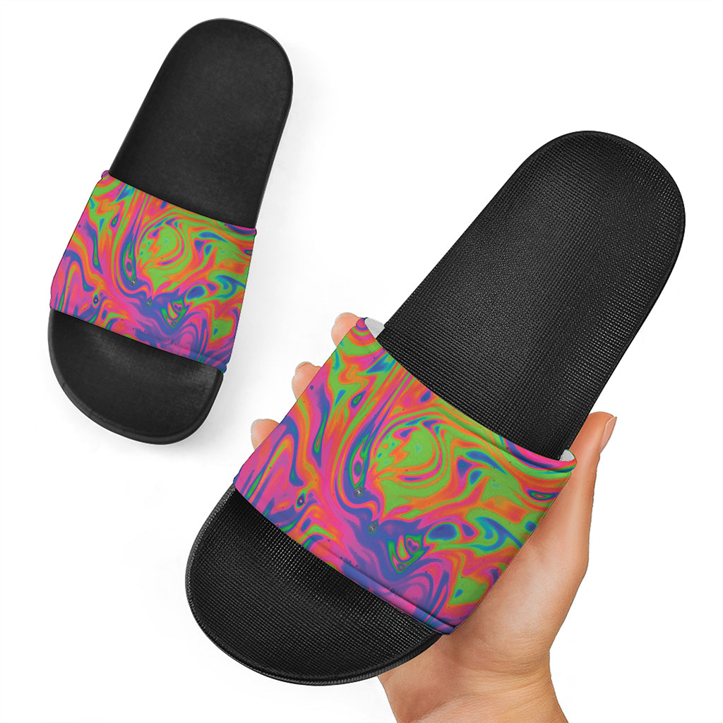 Psychedelic Bubble Print Black Slide Sandals