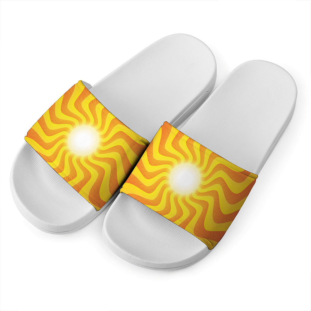 Psychedelic Burning Sun Print White Slide Sandals