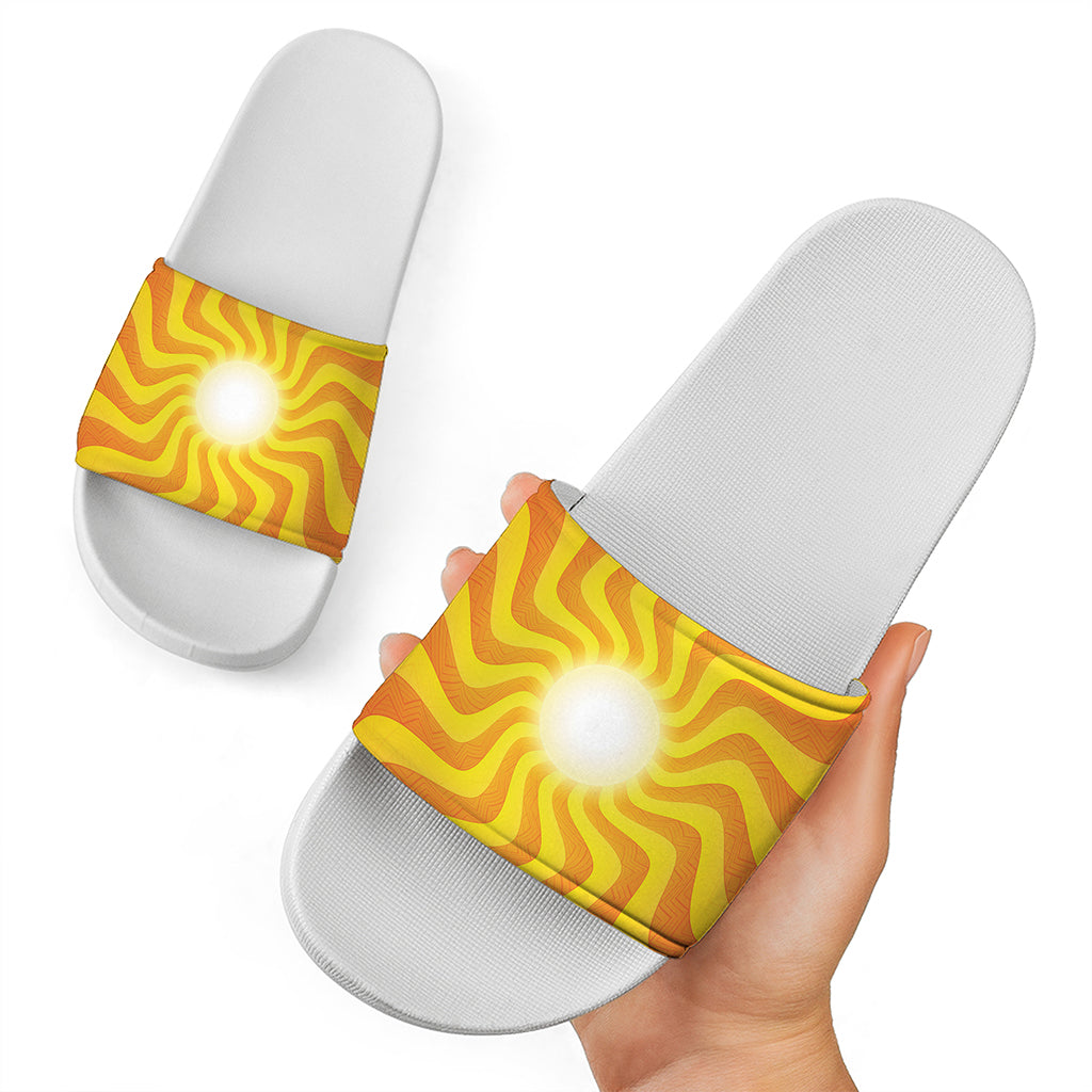 Psychedelic Burning Sun Print White Slide Sandals