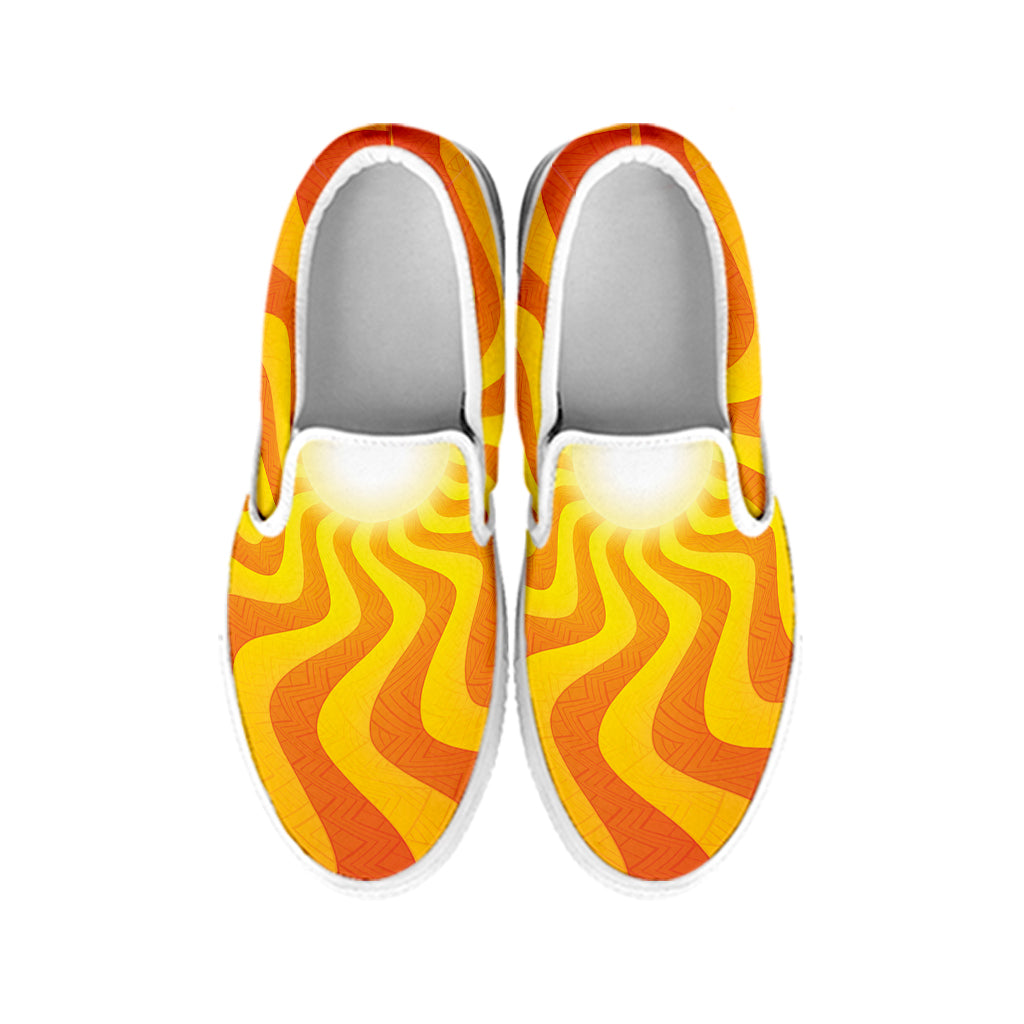 Psychedelic Burning Sun Print White Slip On Shoes