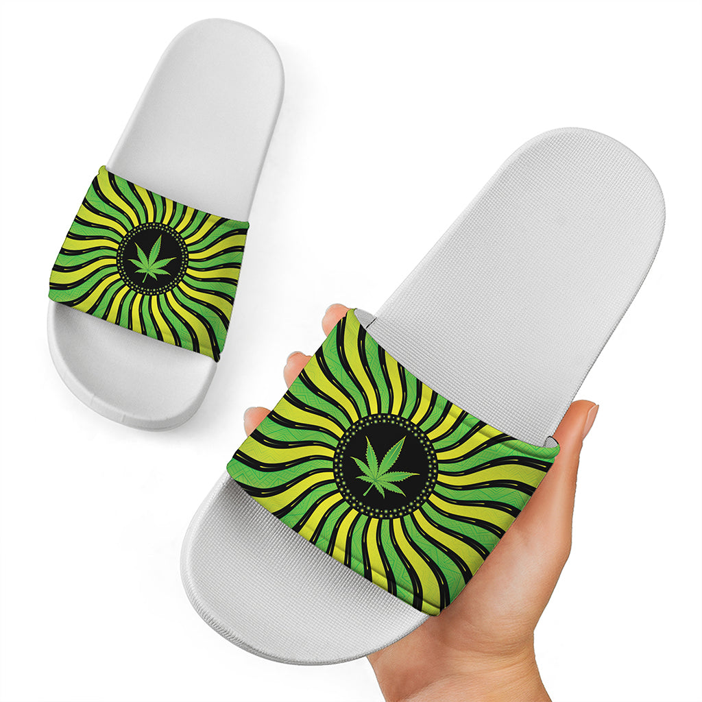 Psychedelic Cannabis Leaf Print White Slide Sandals