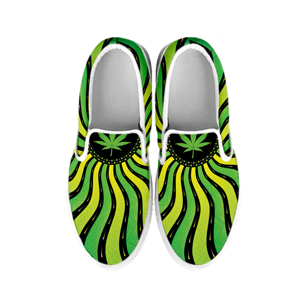 Psychedelic Cannabis Leaf Print White Slip On Shoes