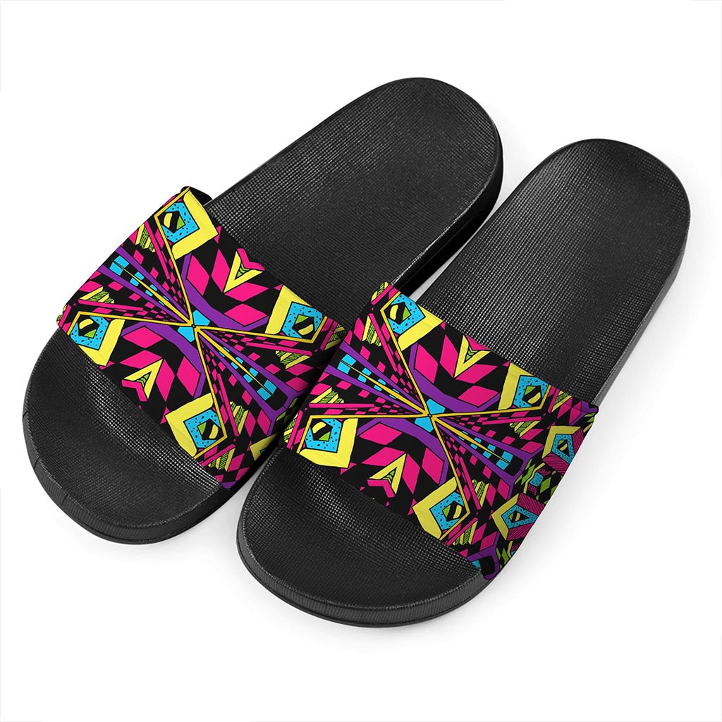 Psychedelic Ethnic Trippy Print Black Slide Sandals