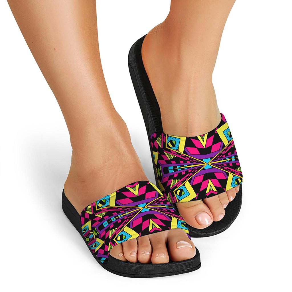 Psychedelic Ethnic Trippy Print Black Slide Sandals