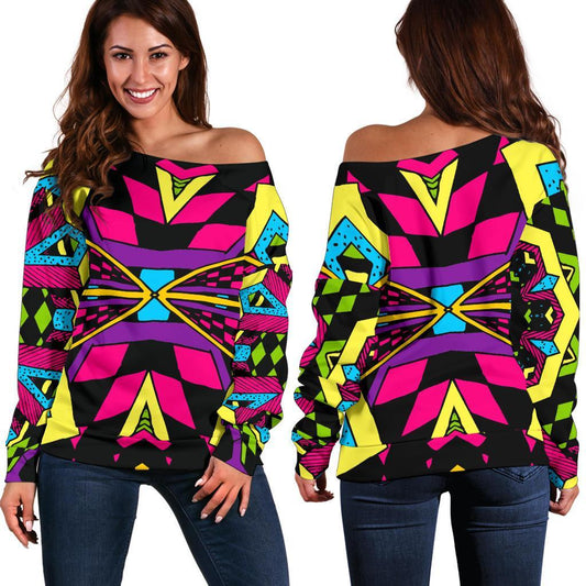 Psychedelic Ethnic Trippy Print Off Shoulder Sweatshirt GearFrost