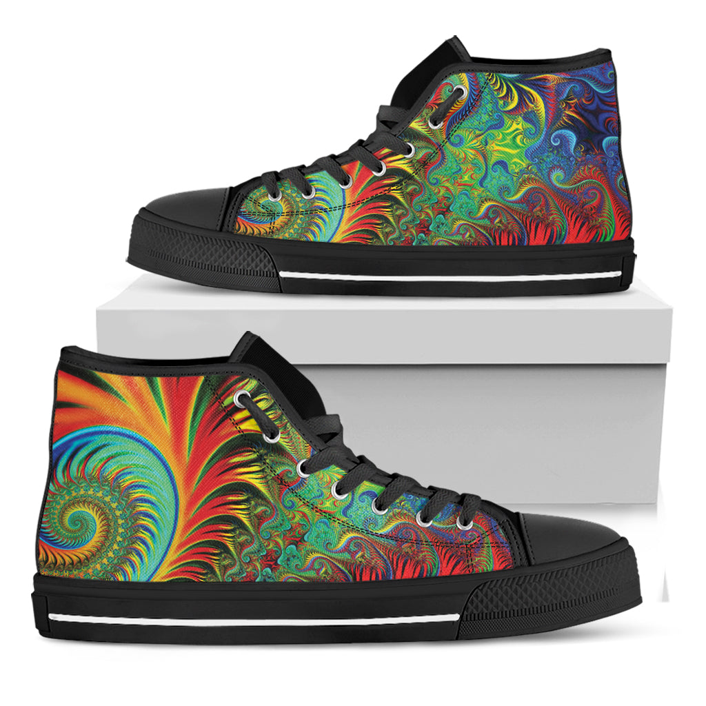Psychedelic Fractal Print Black High Top Shoes
