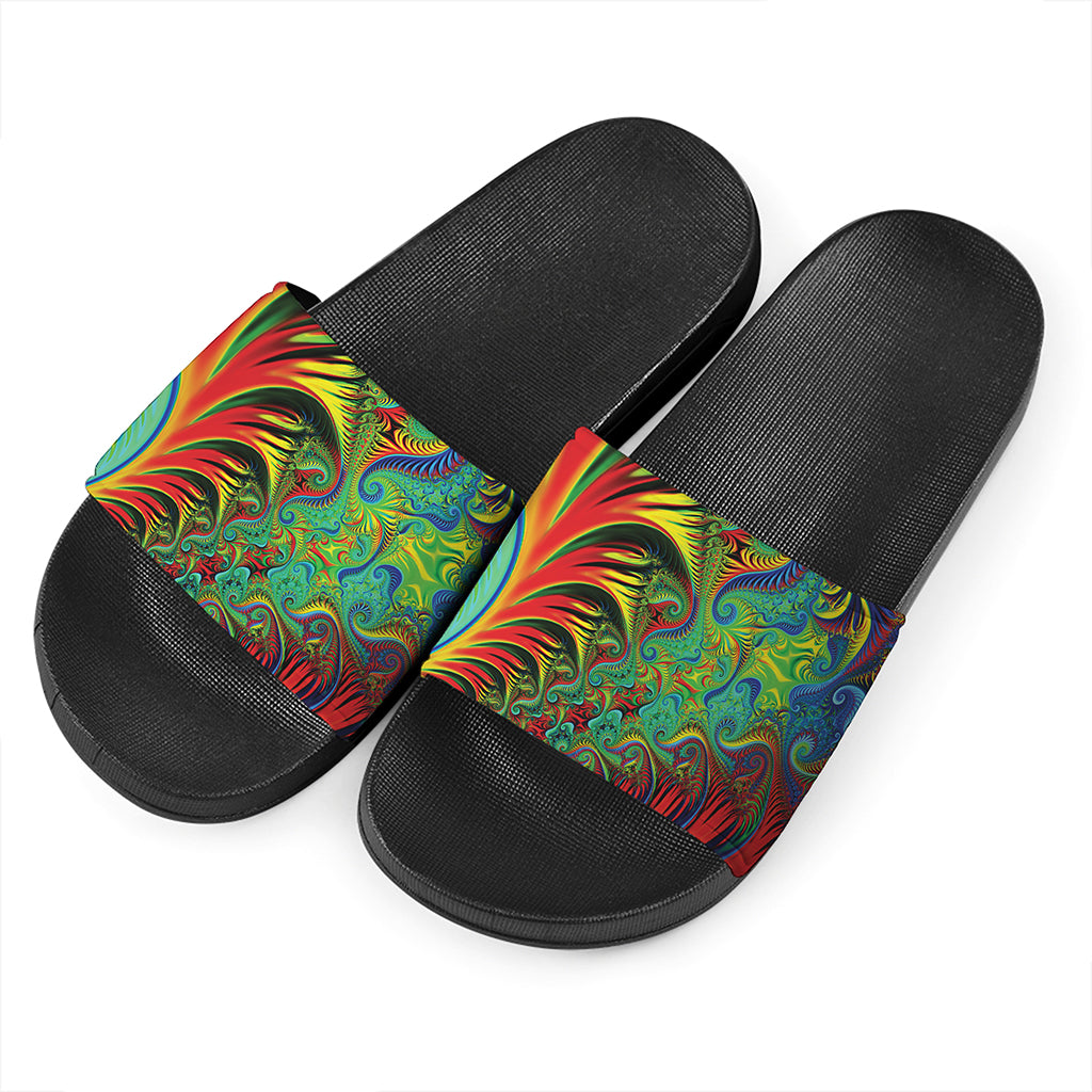 Psychedelic Fractal Print Black Slide Sandals