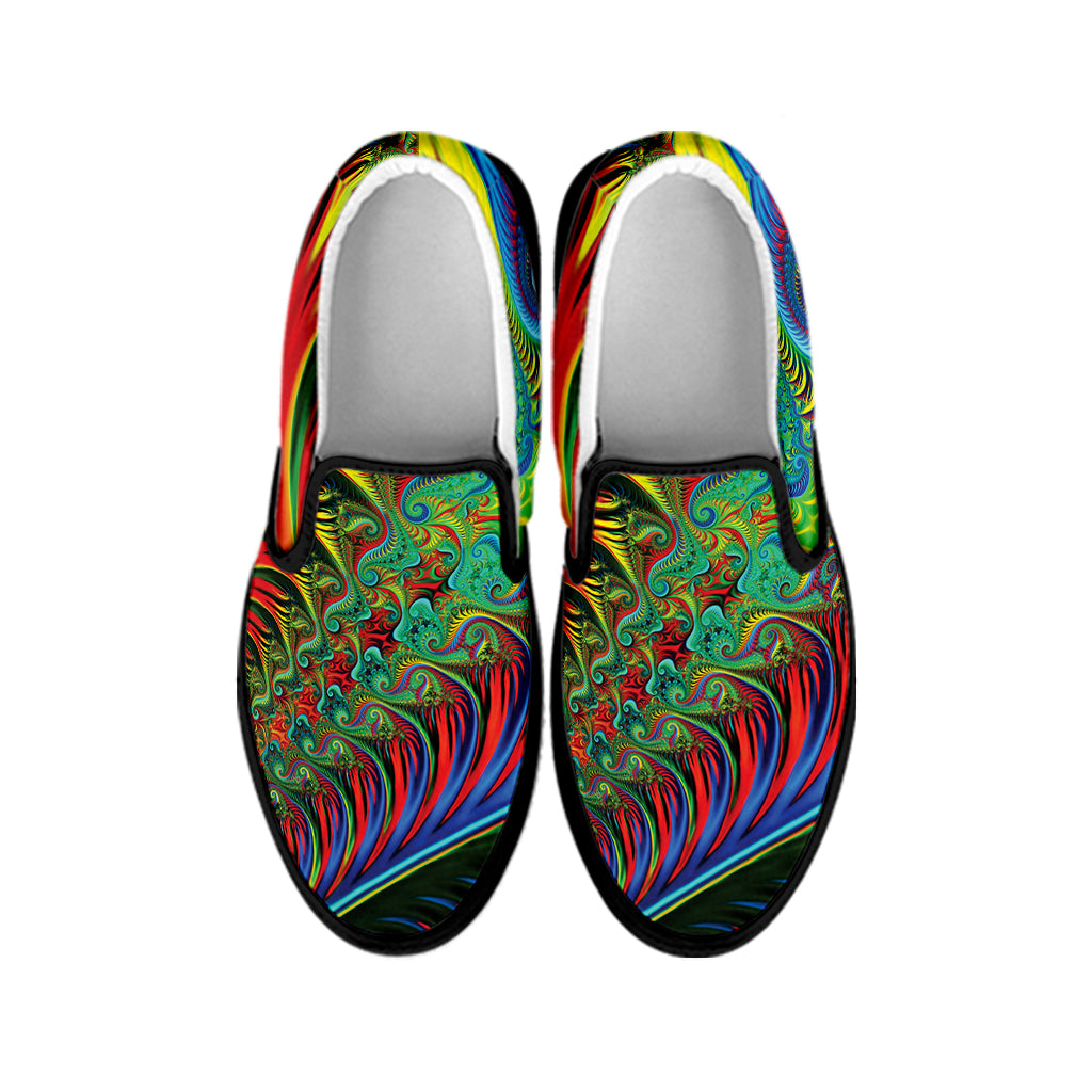 Psychedelic Fractal Print Black Slip On Shoes