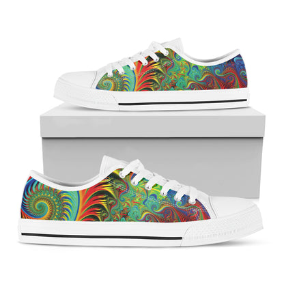 Psychedelic Fractal Print White Low Top Shoes