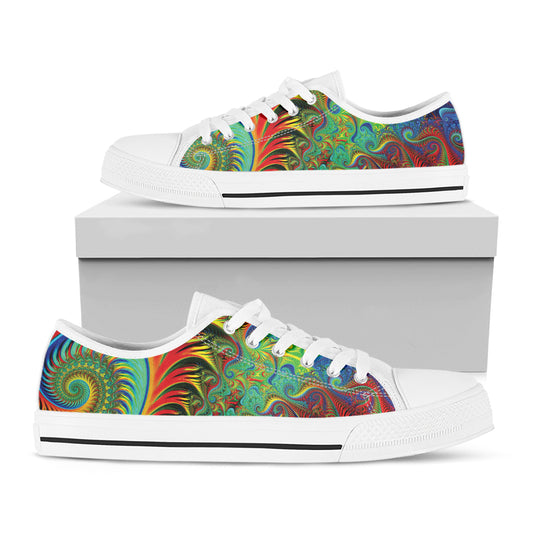 Psychedelic Fractal Print White Low Top Shoes