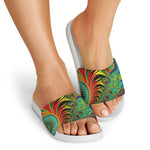 Psychedelic Fractal Print White Slide Sandals