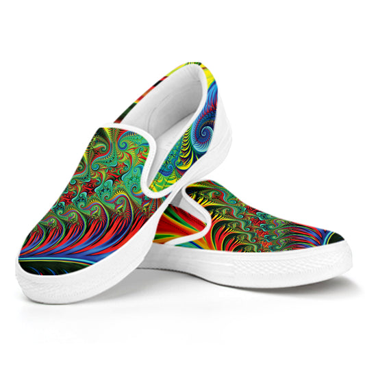 Psychedelic Fractal Print White Slip On Shoes