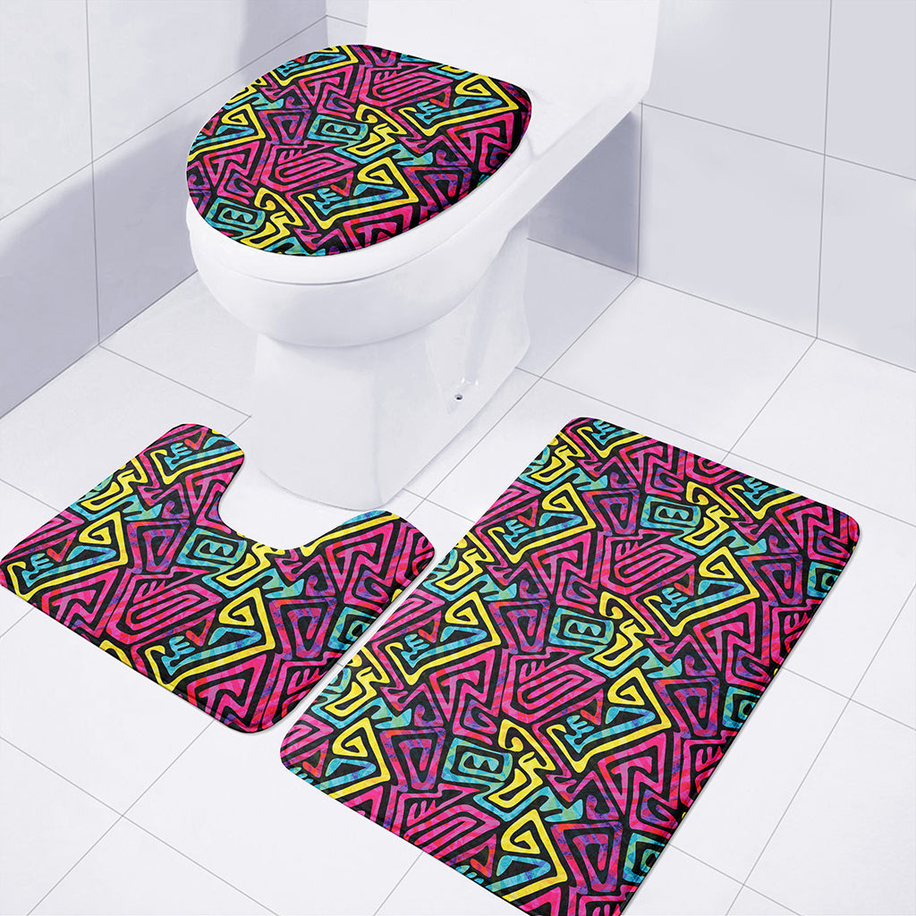 Psychedelic Funky Pattern Print 3 Piece Bath Mat Set