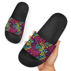 Psychedelic Funky Pattern Print Black Slide Sandals